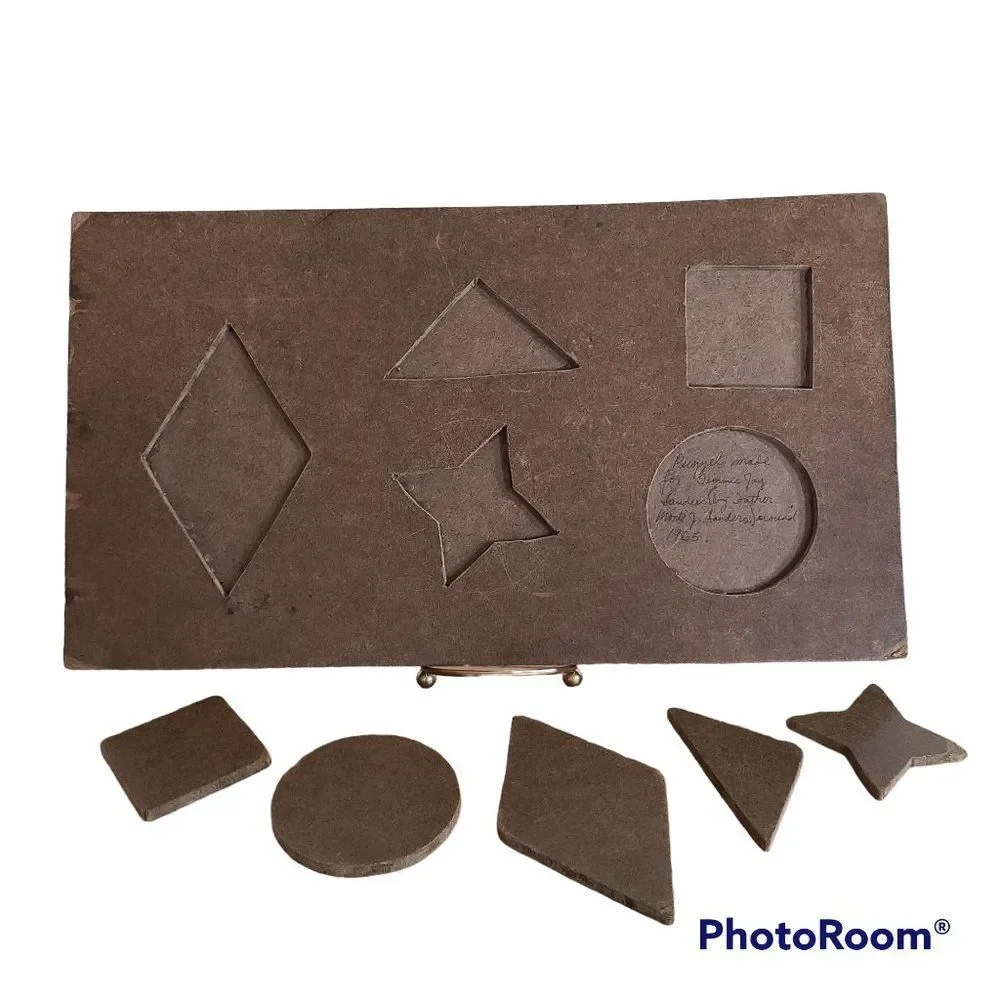 Handcrafted Vintage Primitive Kids Wooden Geometric Shapes Puzzle From 1964